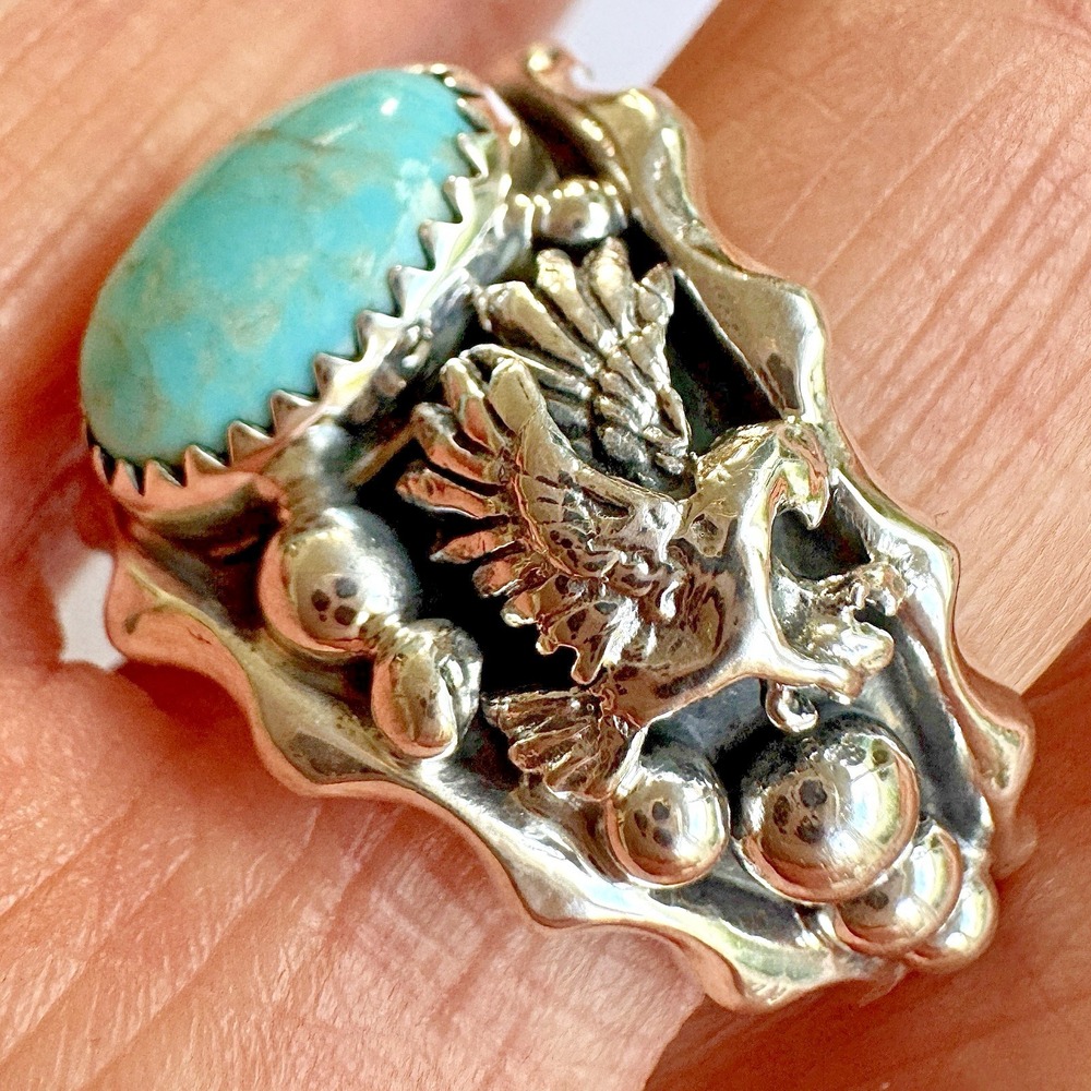 Navajo Eagle‎ Mens Band Sz 13 Ring Turquoise Sterling Morgan Native American
